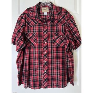 Vtg Wrangler Pearl Snap Western Work Chore Cowboy Red Black Plaid Shirt Sz 2XL